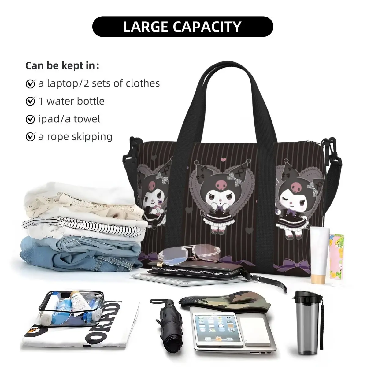 مخصص الكرتون Kuromi الجمجمة حمل حقيبة المرأة سعة كبيرة لطيف أرنب أنيمي شاطئ رياضة حقائب السفر