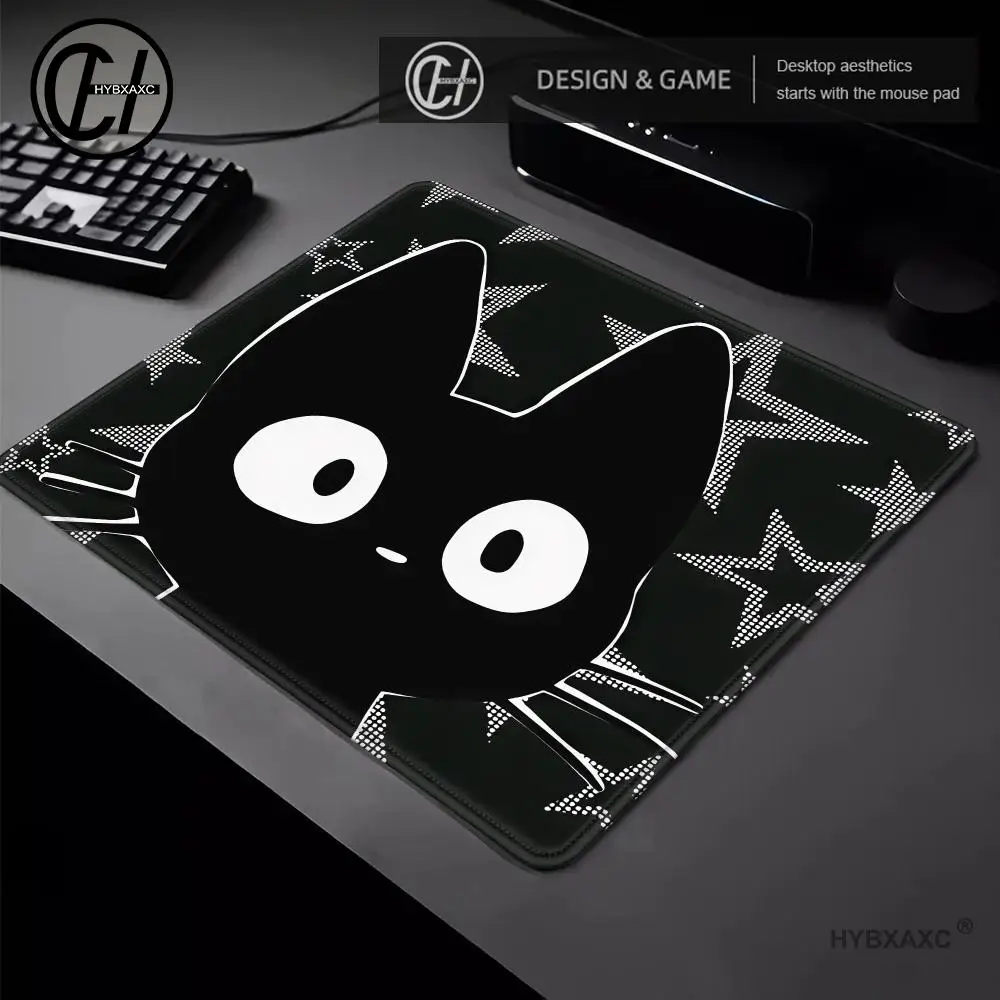 Y2K Cute Blush Black Cat Mouse Pad, Swirl Liquid Galaxy Star Heart Pattern Non‑Slip Rubber Extended Desk Mat  Laptop Decor