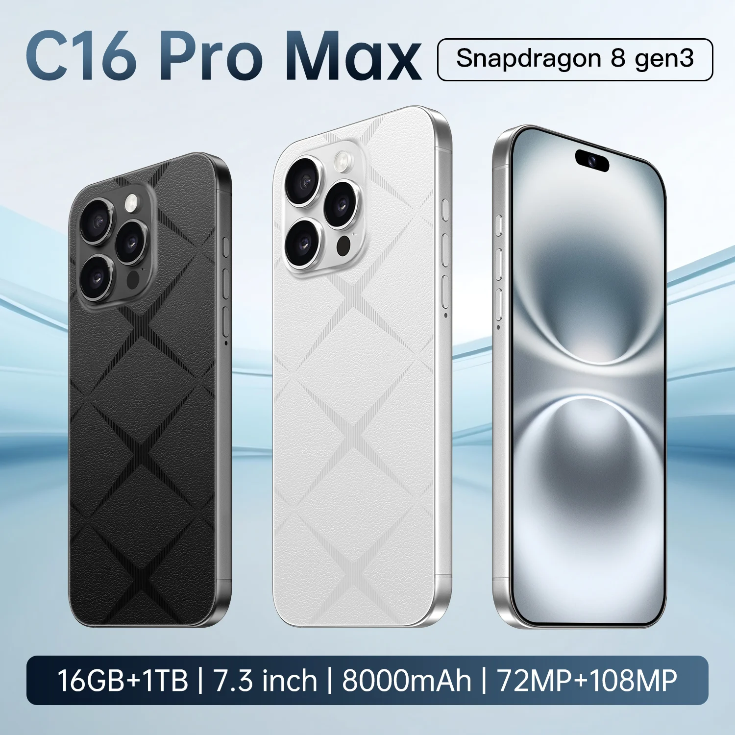 Global Version C16 Pro Max Android Smartphone 7.3 Inch Screen Dual SIM Dual Standby 5G 108MP Camera 8000mAh Unlocked Phone