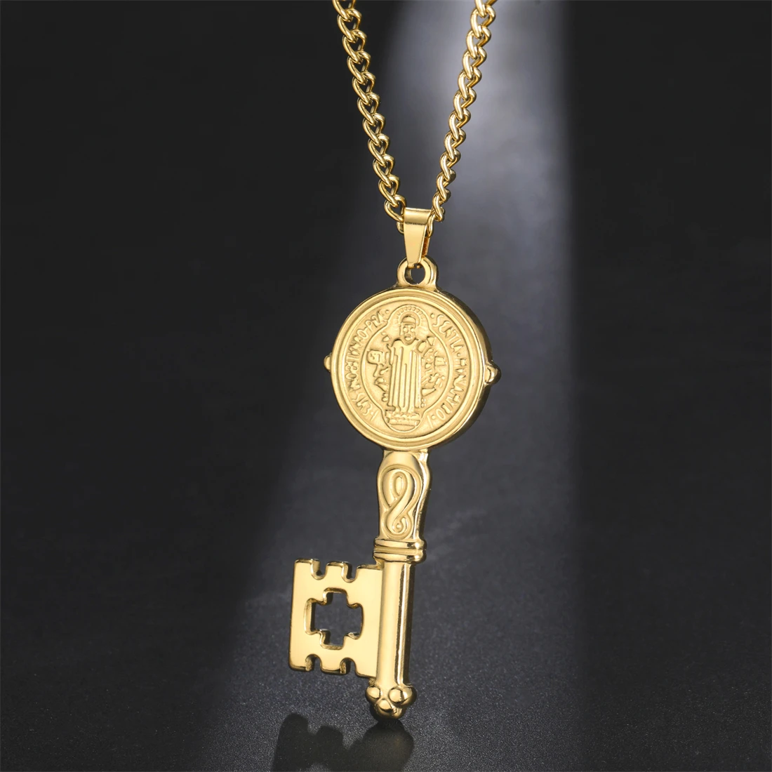 

EUEAVAN Saint Benedict Key Shape Necklaces Stainless Steel San Benito Amulet Necklace for Men Women Christian Jewelry Gifts