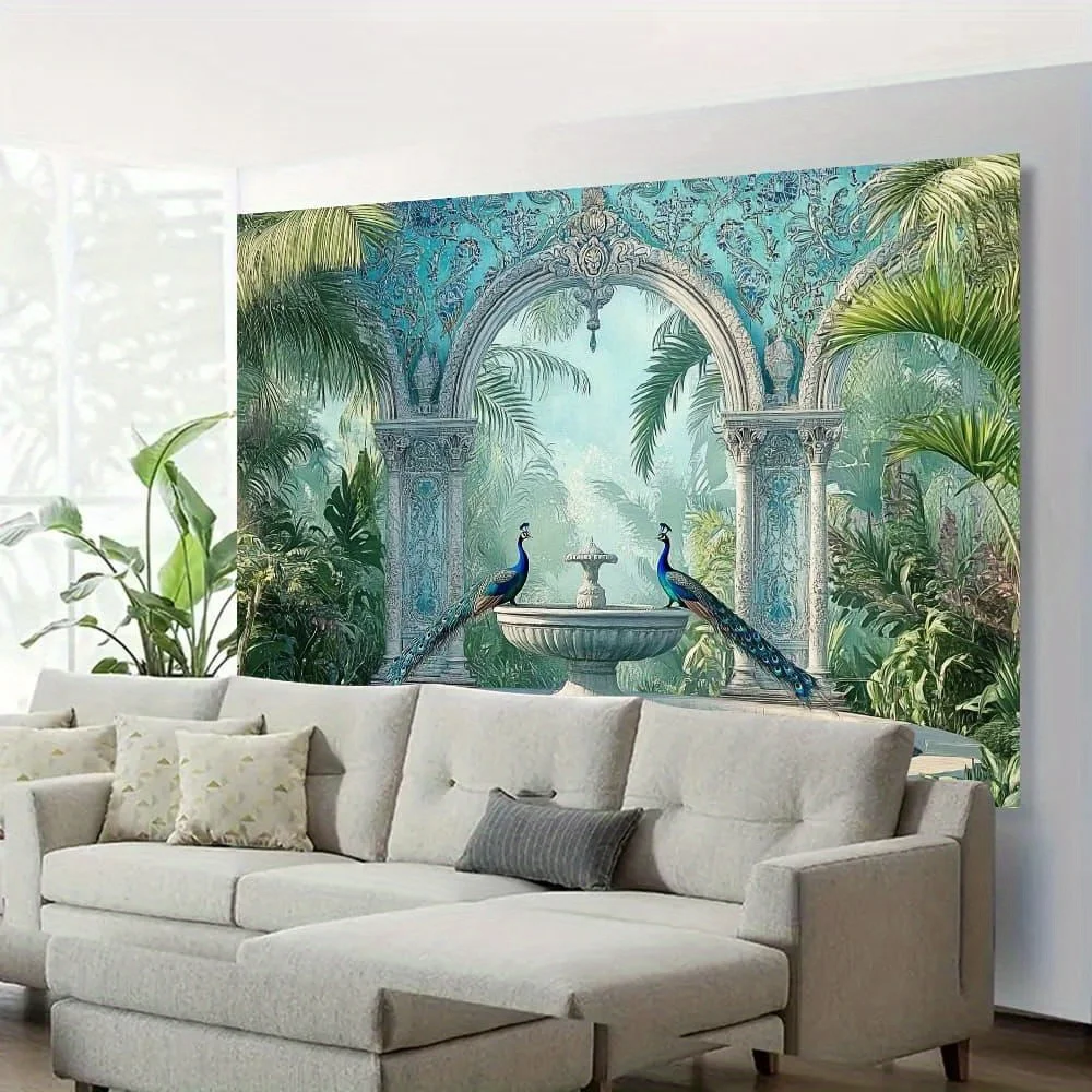 Large Tropical Jungle Mural Wallpaper Wall Art Peacock Motif Botanical Print Home Decor Living Room Oasis Accent Tapestry