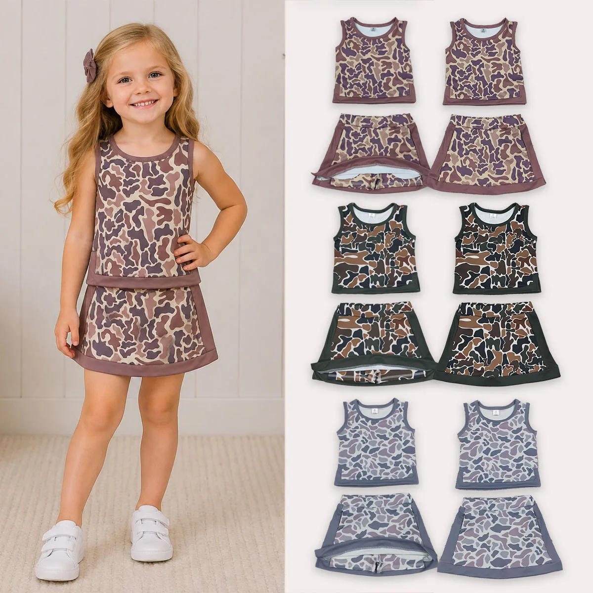 Kids Clothes Girls Summer Sibling Baby Southern Camo Vest Skirt Shorts Yoga Active Set Mother Comfy Outfit Clothing Wholesale