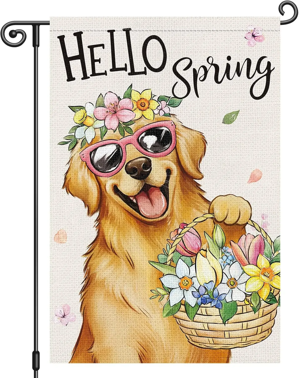 Heyfibro Hello Spring Golden Retriever Garden Flag 12x18 Inch Double Sided Spring Flowers Garden Flag Small House Flags for  ZZM