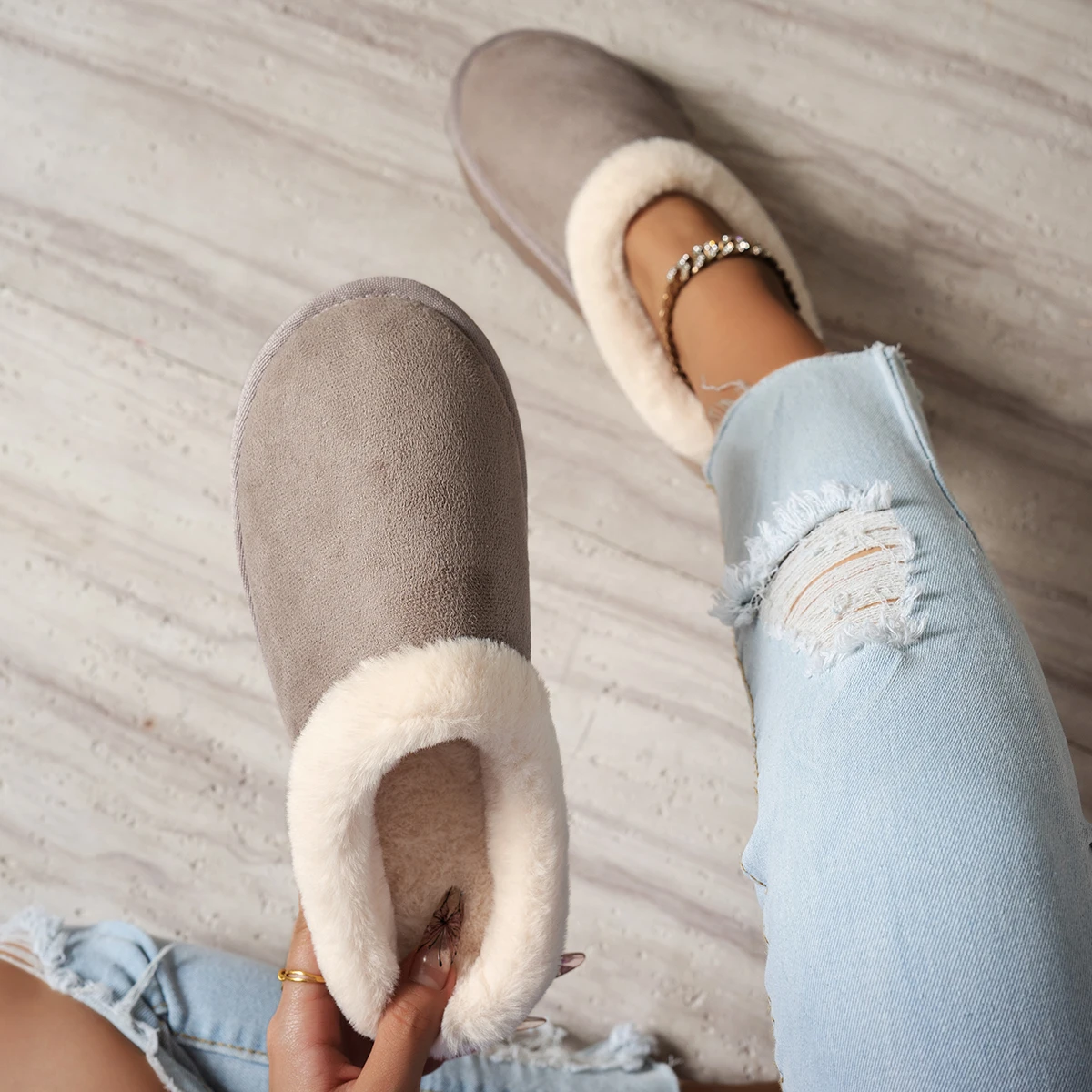Wintermode Damen Flauschige Dicksohlige Freizeitschuhe, Dicksohlige Rutschfeste und Warme Hausschuhe mit Fellfutter – Detail 27