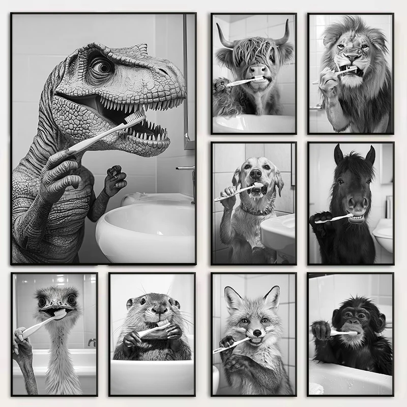 Funny Animal Brushing Teeth Black and White Poster Cat Dog Monkey Sheep T-Rex Canvas Painting Wall Art for Bathroom Home Decor