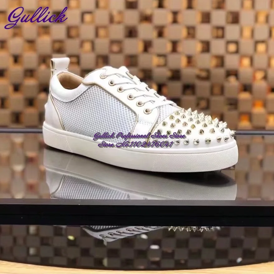 

Gulick White Black Blue Color Patchwork Rivets Sneakers Lace-Up Spikes Lovers Casual Shoes Metallic Studded Couple Shoes Size48