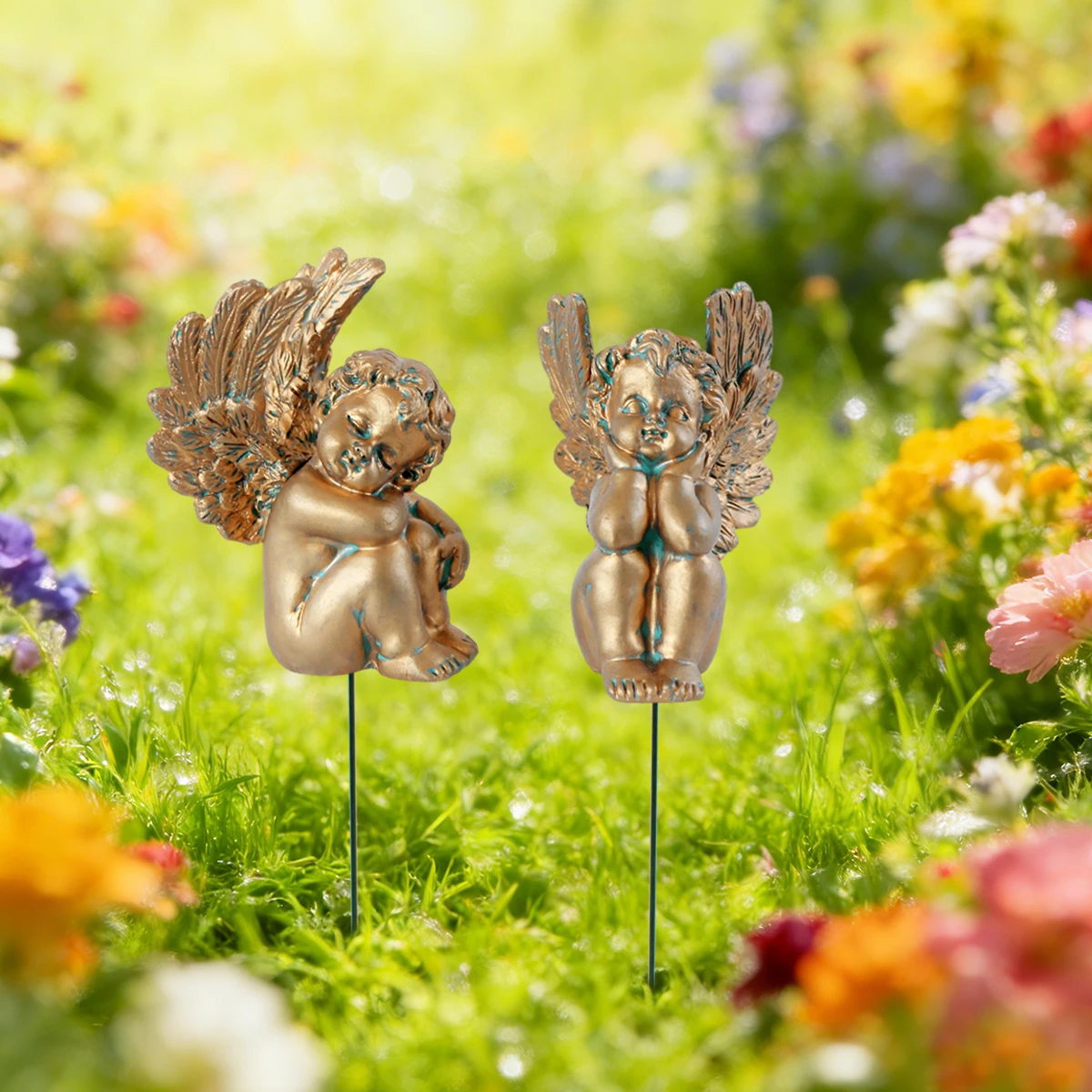 Resin Golden Angel Set Two Plug ins, Outdoor Courtyard Lawn Bonsai Decoration, Valentine's Day Gift, Easter Gift