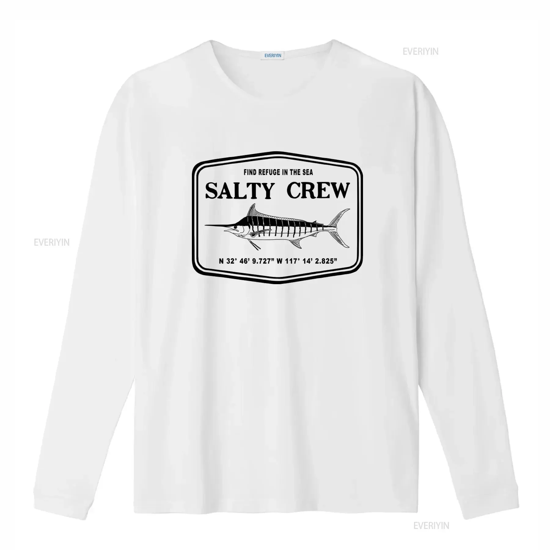 Mens T Shirt SALTY CREW Stealth Standard S Black Find Refuge in the Sea Design with Marlin Fish and Coordinates Print vintage