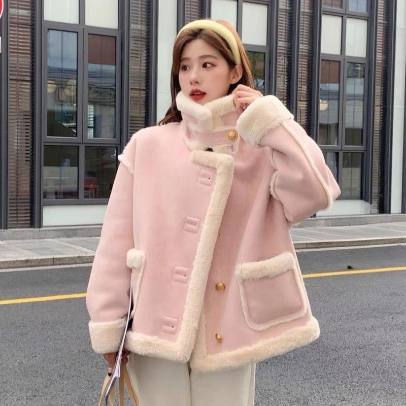

Fashionable Loose Pink Lamb Fleece Jacket for Women in Autumn Winter New Casual Warm Thick Long Sleeved Cotton Jacket Top