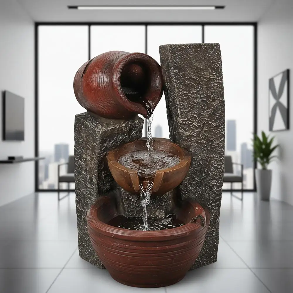 

LuxenHome Outdoor Water Fountain, 32 Inch Farmhouse Water Fountain Outdoor with Lights, Cascading Pitchers Po Indoor and Outdoor