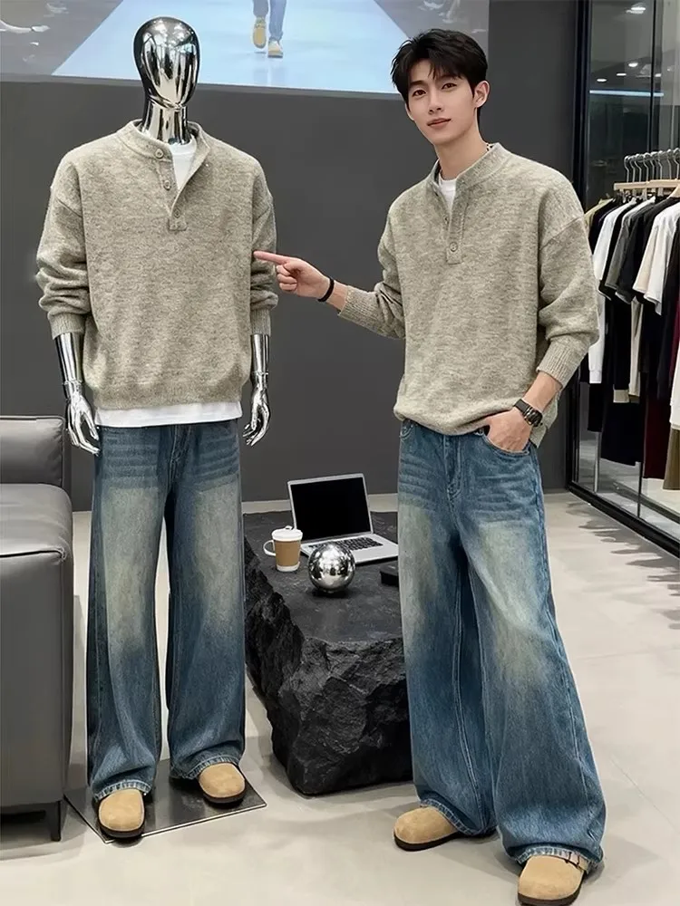 

Мужской трикотажный свитер в американском ретро-стиле с воротником-стойкой, зимний, свободного кроя, базовый слой для ношения под одеждой