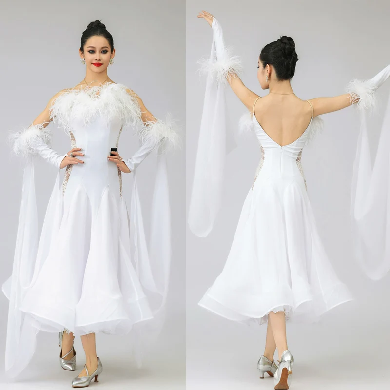 White Ballroom Dance Competition Dress Women Fairy Feather Dress Prom Waltz Dance Dress Performance Costume Stage Wear BL14736