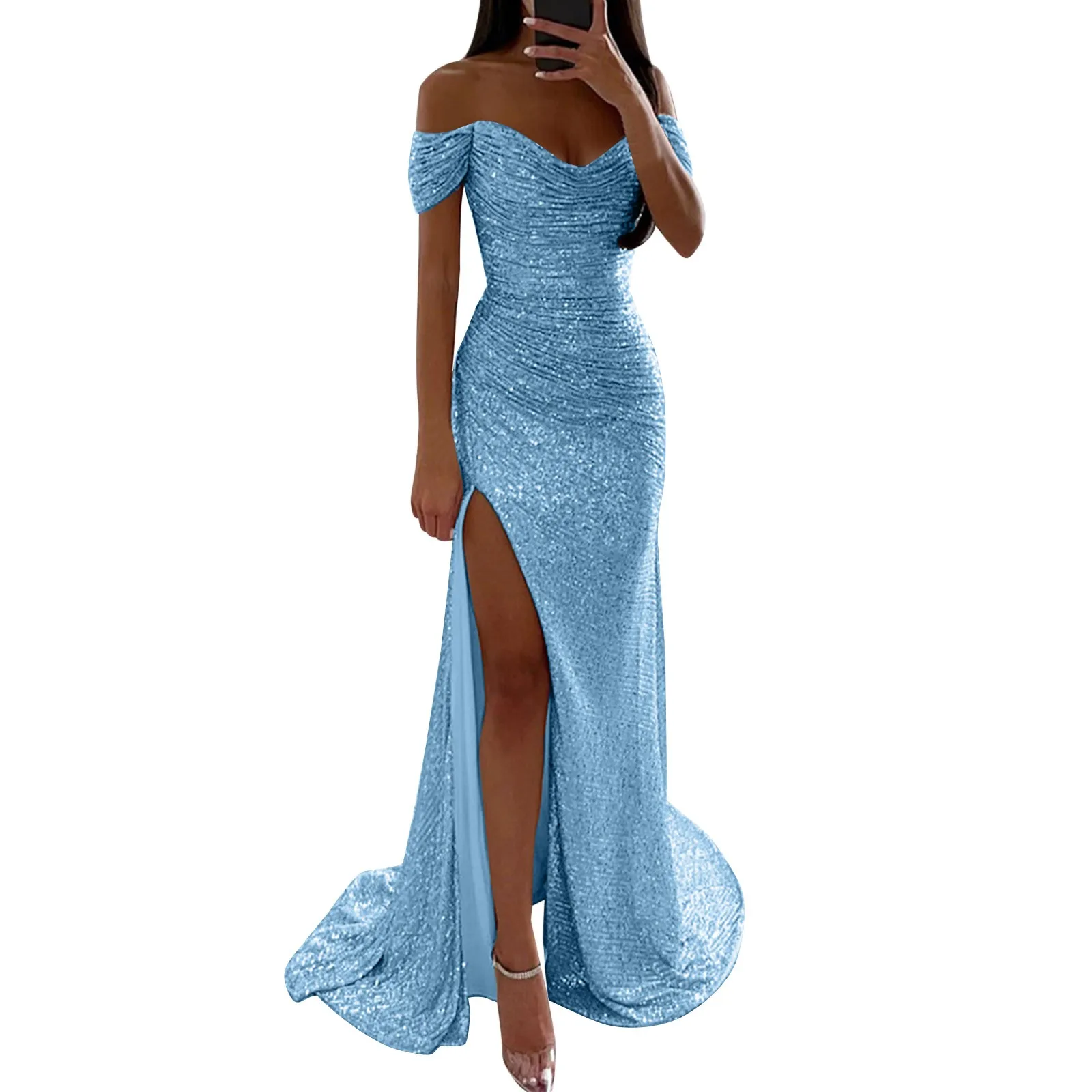 

Women'S Prom Dress Party Sequin Maxi Dress Short Sleeve Pure Color Sequins Spring Fall Winter Off Shoulder Vestidos 2024