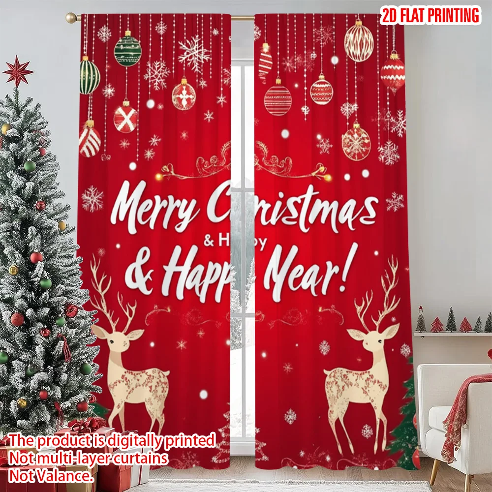 

2pcs 2D flat printing Merry Christmas Window Curtains Merry Christmas and Happy New Year1 Machine Washable Polyester Without