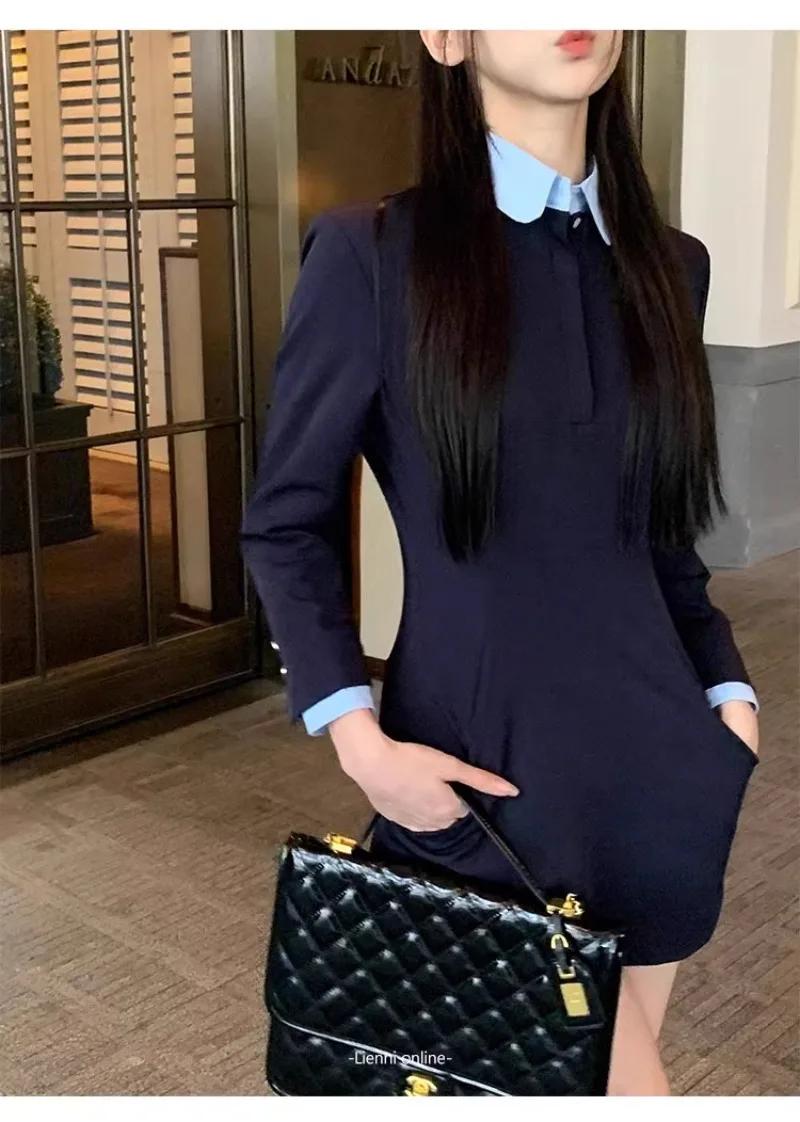 Gefälschte Zweiteilige Sets Mode Patchwork Langarm Bluse Kleider für Frauen High Street Trendy Elegante Dünne Hemden Minikleid