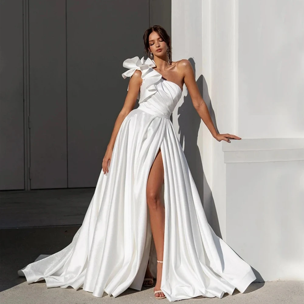 

2023 New One Shoulder A-Line Stain Wedding Dresses High Side Slit Long Floor Length Bridal Gowns Custom Made Vestidos De Novia