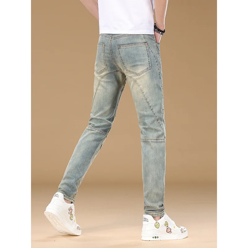 

2025 New Retro Jeans Men's Fashion Street Wrinkle Splicing Design Slim fit Small Foot Trendy Brand Motorcycle Stretch Pants