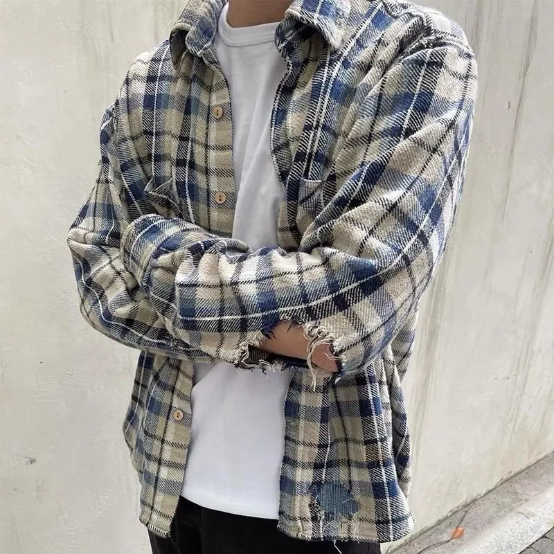 

Vujade Retro Plaid Fleece Shirt High StreetKENIJIMA Destroying Craft Hole Youth Fashion Long Sleeve Loose Fit Cotton Shirt