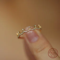 925 Sterling Silver Plated 18K Gold Zircon Crown Ring for Women Light Luxury Exquisite Wedding Jewelry