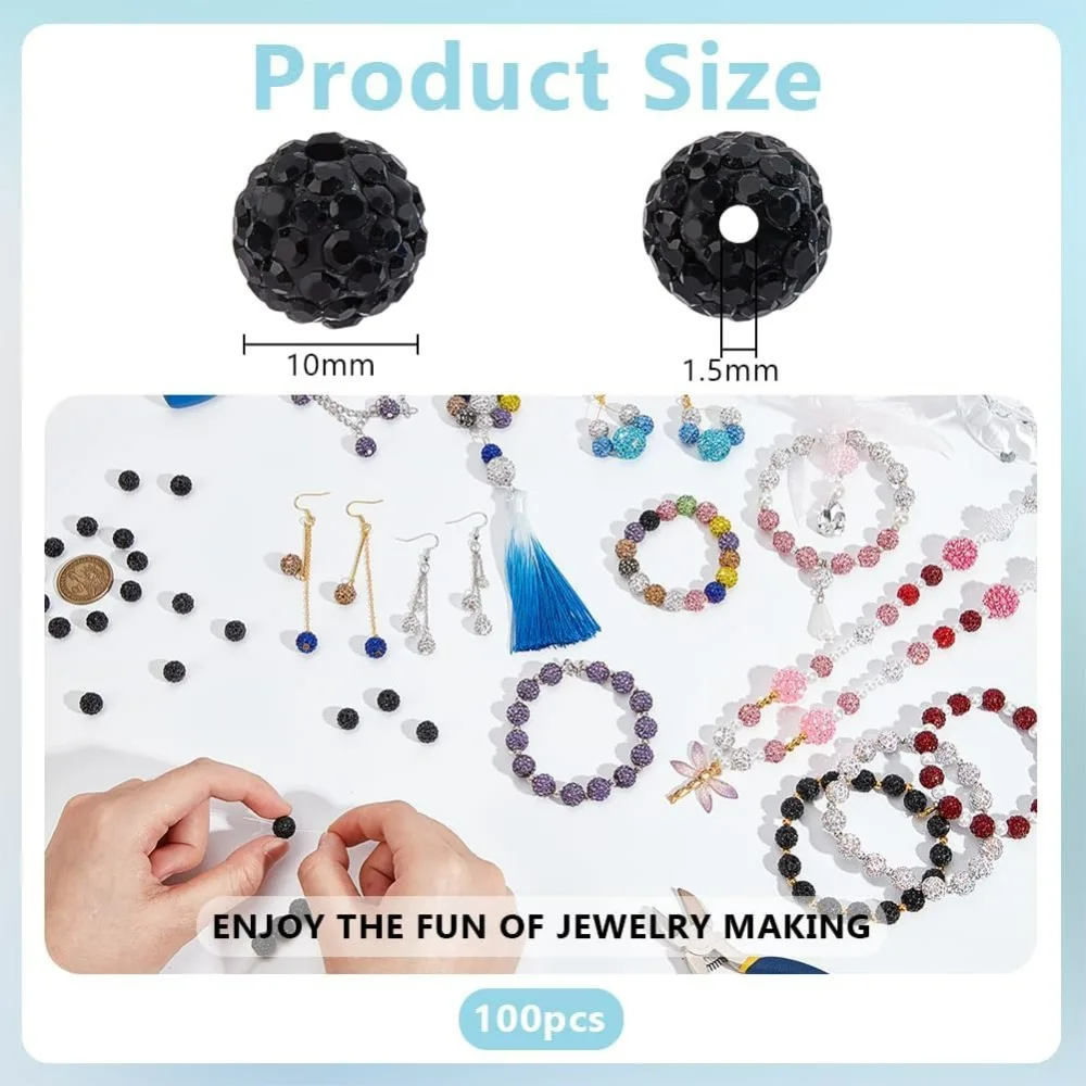 100pcs Rhinestone Clay Beads 10mm Black Crystal Clay Beads Polymer Crystal Beads Clay Pave Disco Ball Round Diamond making kit