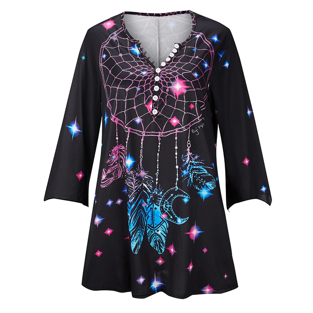 Plus Size Women's Graphic Printed V-neck 3/4 Sleeve Tops