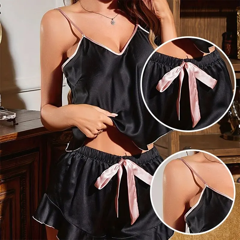 Summer Two-Piece Pajama Set for Women\'s Casual Sexy Sleeveless Suspender Top and Ruffled Shorts Pajama Set