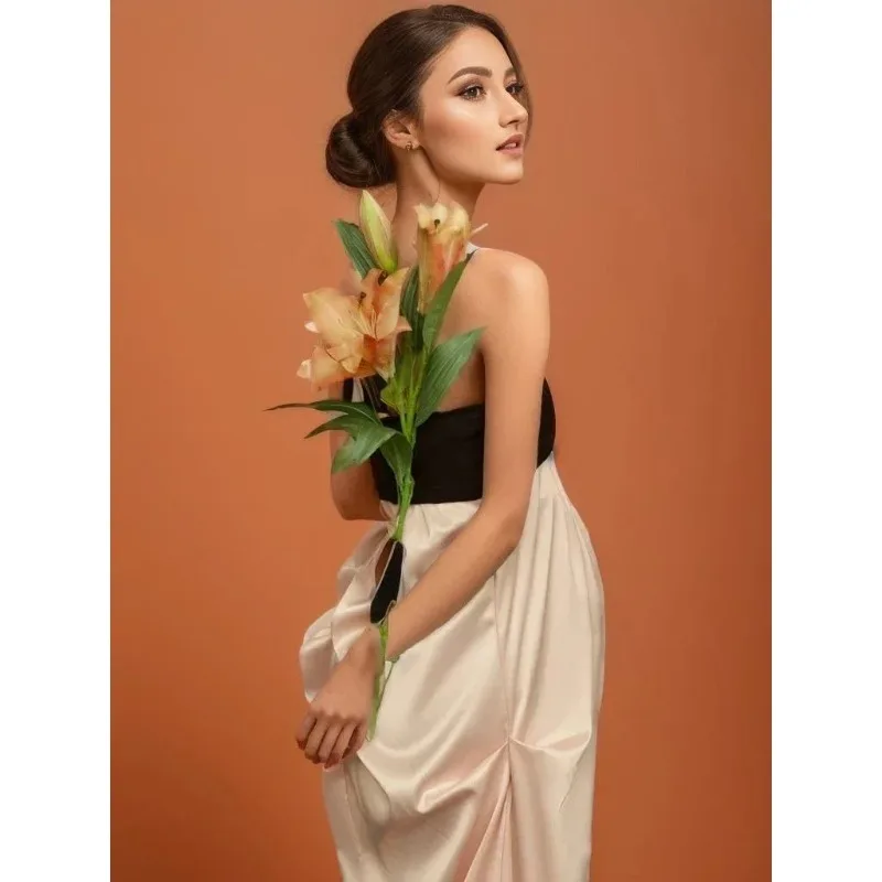 

Color Block Photo Shoot Dresses Sleeveless Shoulderless Baby Shower For Maternity Women Photography Props Studio