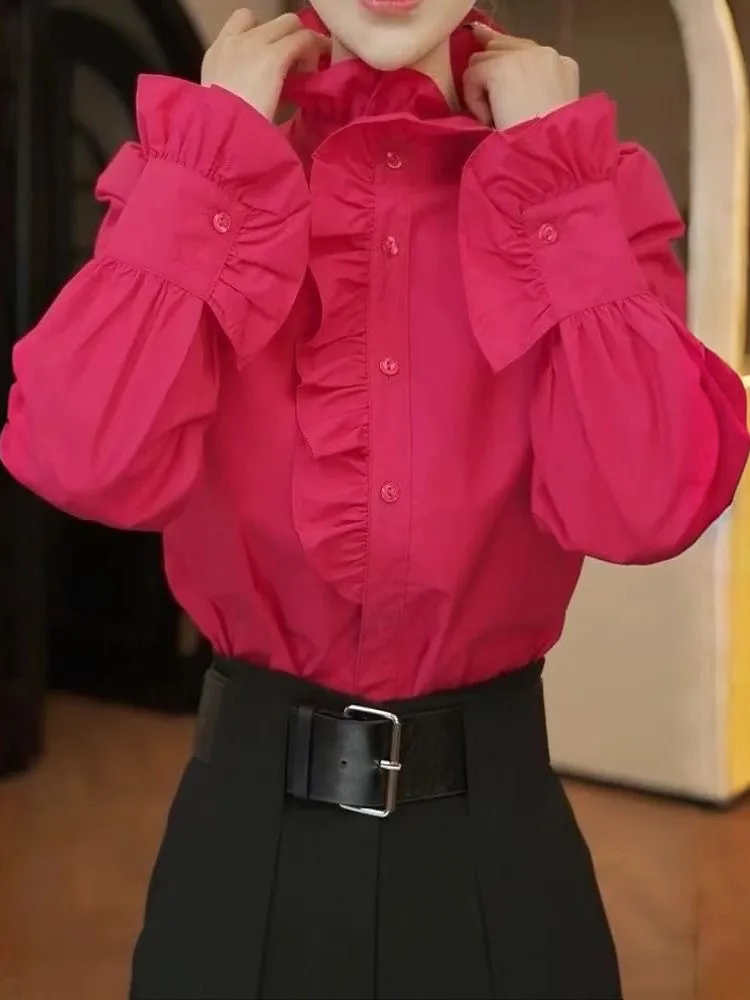 

Ele Wood ain Ruffle f High Collar Loose Women's irt Slimming French Sle Long Sve Casual Faion Spring 2025