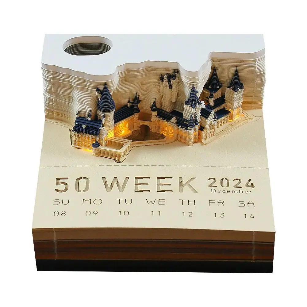 3D Memo Pad, 2024 Desk Calendar Memo Pad, 3D Magic Calendar Weekly with Notepad Light Accessories Castle Stationery M1Y1