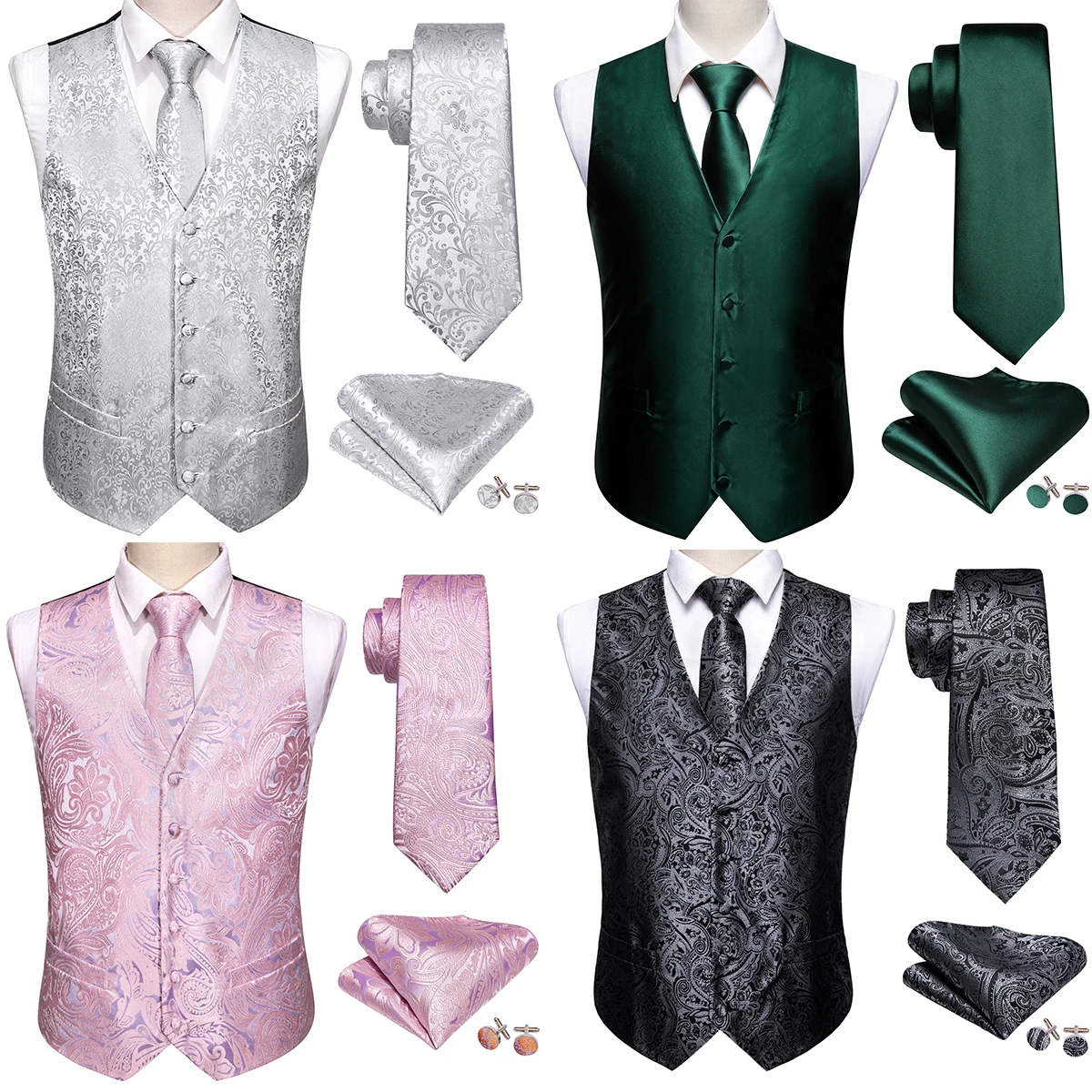 Silk Vest for Men Oversized 4XL Black Silver Green Pink Red Purple Gold Slim Suit Waistcoat Hanky Cufflinks Set Barry Wang