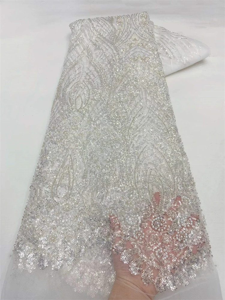 

French Mesh Lace Fabrics Embroidery Sequins Tulle Beaded African Fabric for Women Party Dresses 5Yards Sewing