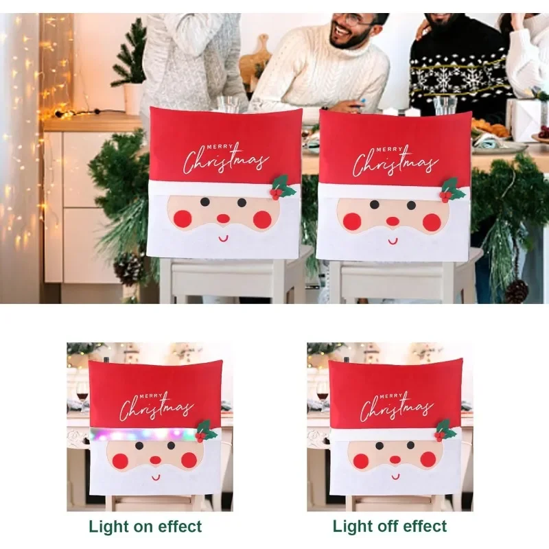 أغطية خلفية لكرسي عيد الميلاد LED مع تصميم سانتا كلوز أغطية حمراء لمستلزمات حفلات العطلات وديكور غرفة الطعام الاحتفالية
