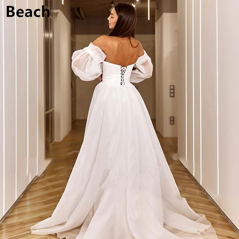 Vestidos de novia elegantes de línea a para playa, vestidos de novia blancos con manga abullonada, corsé en la espalda, vestidos de novia bohemios de noche para playa 2023