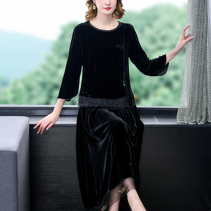 2023 Autumn/Winter New Black Silk Velvet Long Sleeve Long Sleeve Dress Two Piece Set Loose Large Lace Splice Slim Retro Set