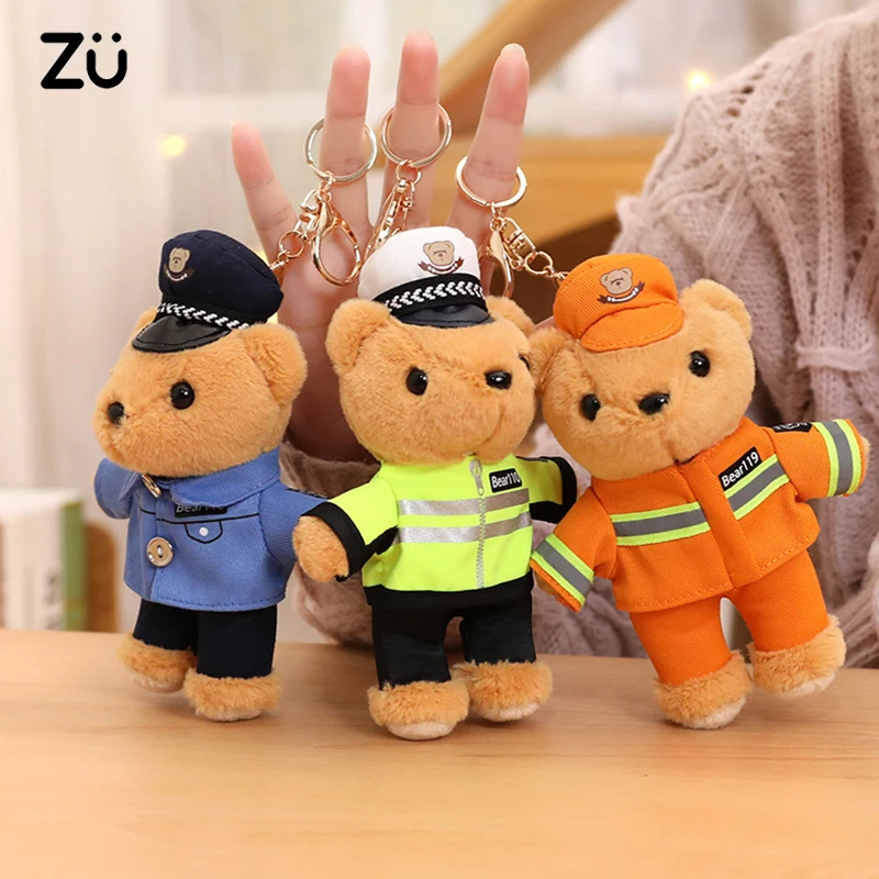 15cm Mini Bear Plush Keychain Cute Wearing Police Fireman Suit Bear Doll Kawaii Plushies Bag Decor Gift For Girl Boy