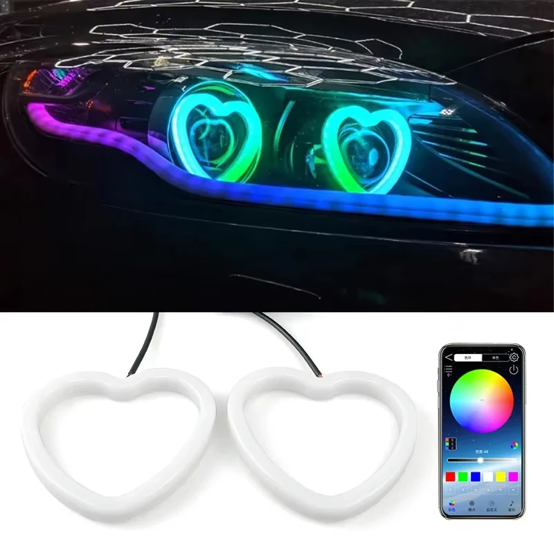 2PCS Car Angel Eyes RGB Cotton Halo Rings 12V Led Headlight DRL Eye Heart Shaped with Amber Turning Light