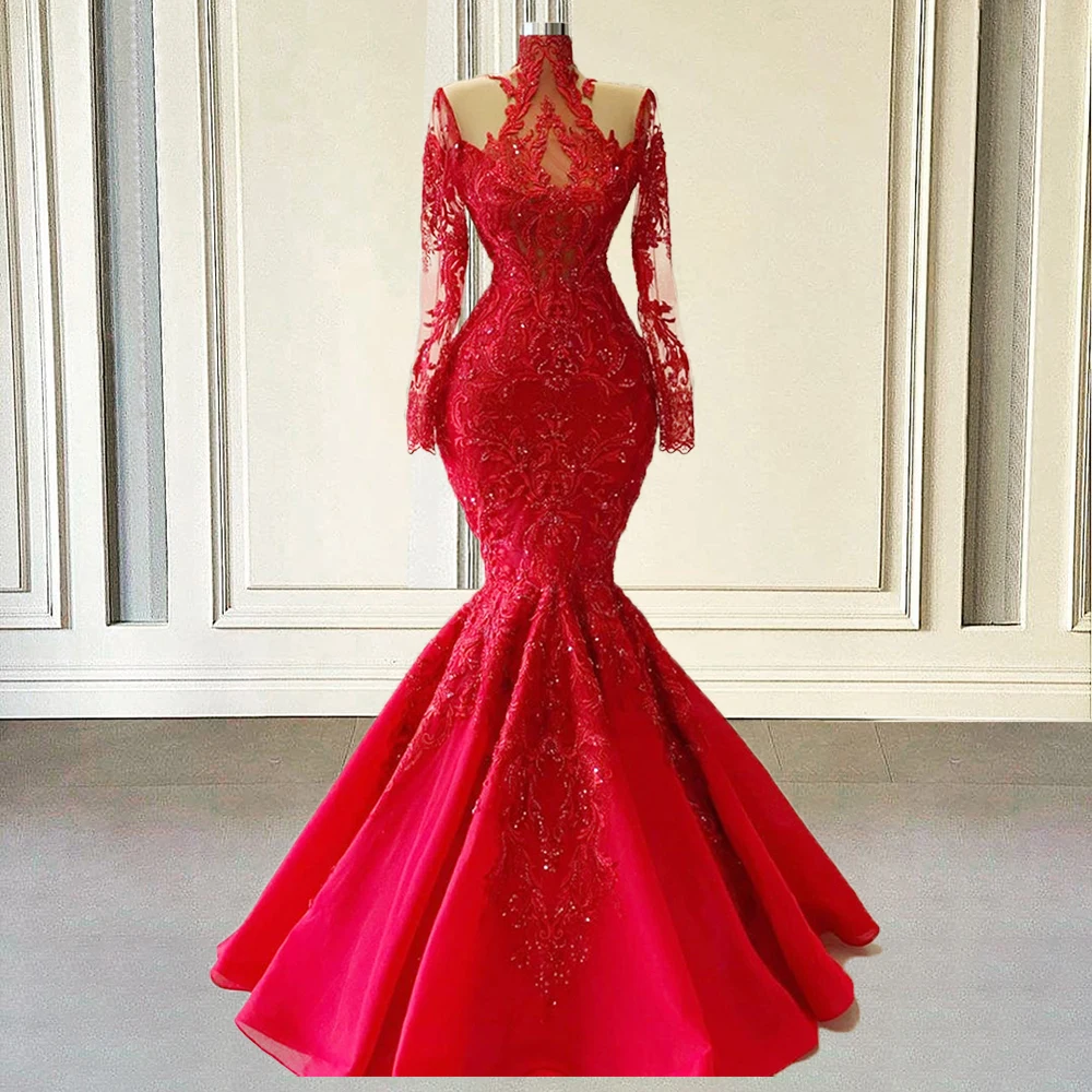 Red Long Sleeves Evening Dresses Luxury 2025 Mermaid High Neck Beads Lace Formal Prom Party Gowns Special Occasions Customized