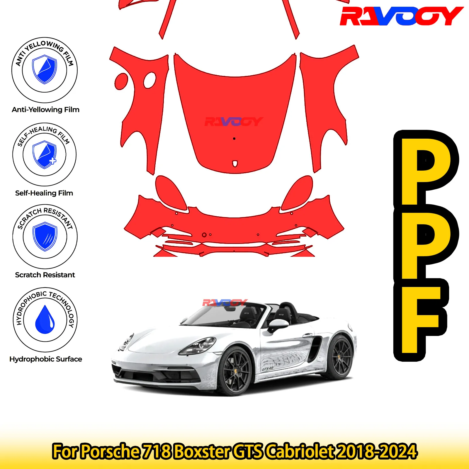 

Для Porsche 718 Boxster GTS Cabriolet 2018-2024, глянцевая матовая черная предварительно вырезанная передняя пленка PPF, комплект защиты от краски