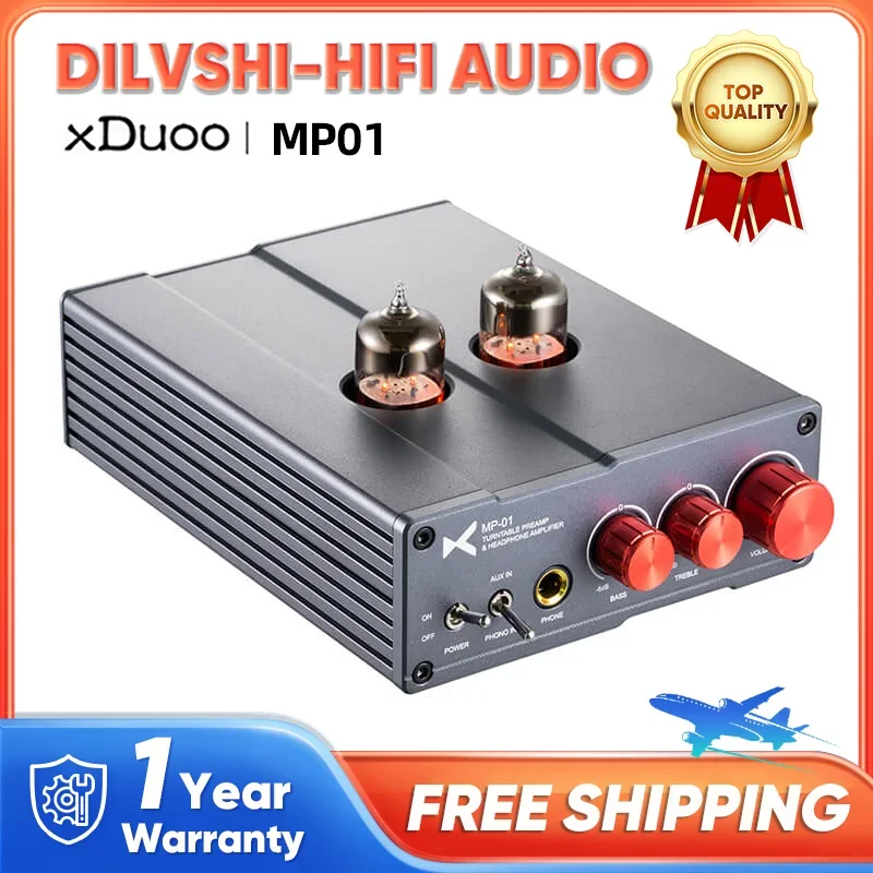 XDuoo MP-01 Dual 6N3 Tube Phono Amplifier MP01 Headphone Amplifier 6.35mm Output Headphone Amp Aux PHONO Input Power Pre-Amp