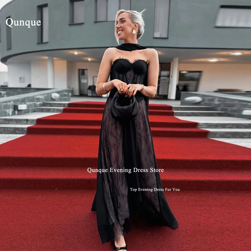 

Qunque A-line Black Chiffon Robes De Soirée Sweetheart Lace Off the Shoulder Party Dresses Floor-Length Prom Dress Customized