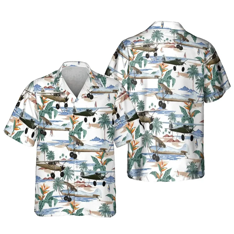 Fashion 3D Printed Plane Hawaiian Shirt Men Fighter Aircraft Helicopters Graphic Beach Blouse Palm Tree Short Sleeve Clothes