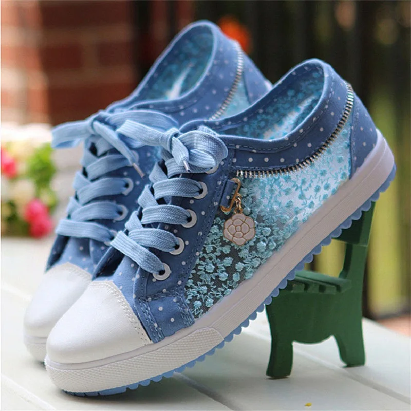 Plus Maat 41 42 Dames Sneakers Dames Mesh Bloem Dot Canvas Sportschoenen Casual Veters Platte Vrouw Zapatos Mujer 2024