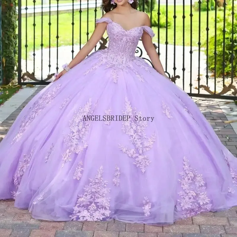 ANGELSBRIDEP Lavender Off The Shoulder Ball Gown Quinceanera Dresses Sequin Applique Lace Tull Corset Party Birthday Customized