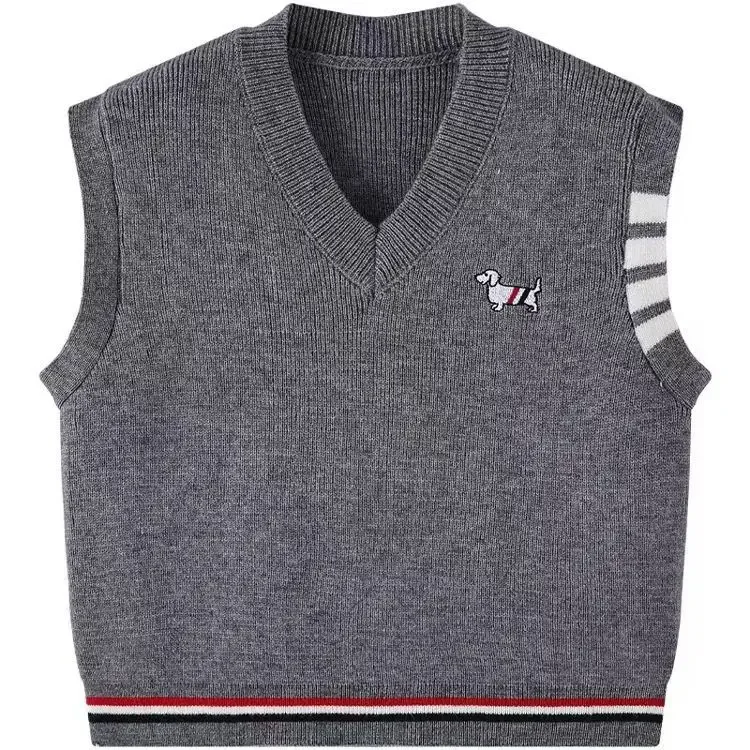 British College Cartoon Embroidery Knitted Sweater Women Golf Wear Casual V Neck Pullover Vest Sweater Sleeveless Female Jumper