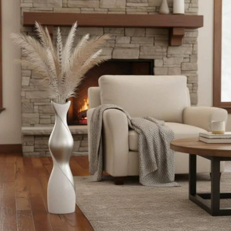 Modern Floor Vase for Living Room Bedroom Entryway Matte White Silver Resin 24 Tall Dual-Tone Decorative Vase for Pampas Grass view 5
