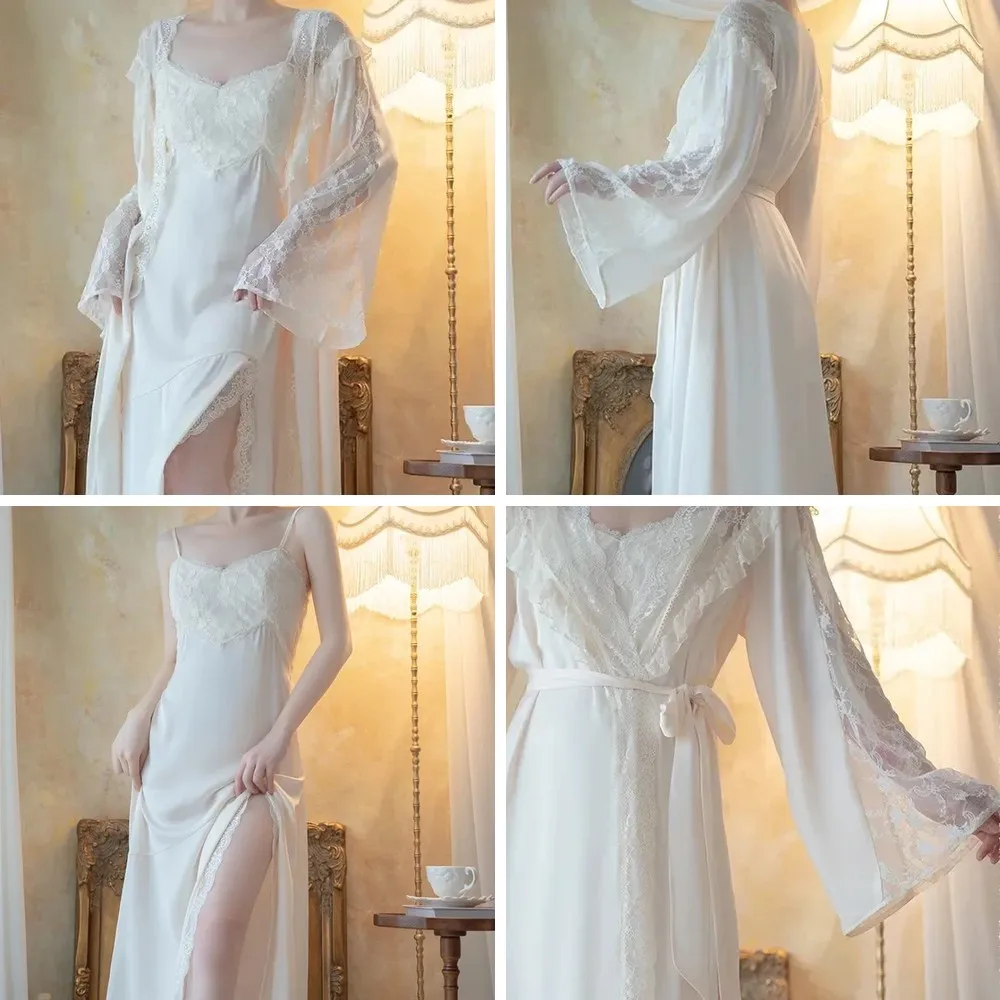 

Elegant 2-Piece Satin Nightgown Set with Lace Trim, Princess Robe & Gown for Women