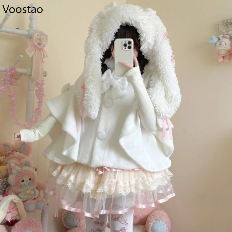 Japonais doux oreilles de lapin Lolita manteau à capuche automne hiver femmes Kawaii peluche Patchwork Capes manteau femme chaud châle pardessus