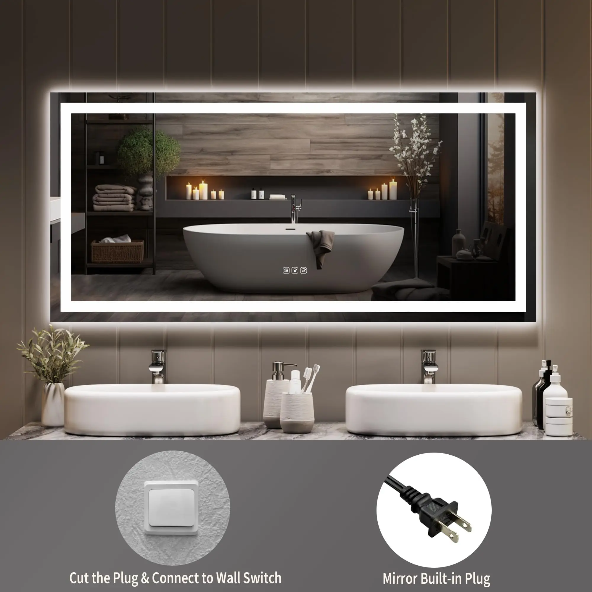 60x36 Inch LED Bathroom Mirror with Lights, Dimmable Backlit & Frontlit Mirror, Anti-Fog, Shatterproof, 3X