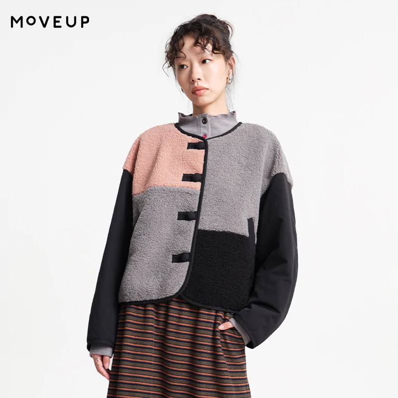 MOVEUP Drop Sleeves Jacket Winter Color Blocking Splicing Plush Pocket Mushroom Button Design Fashion Jacket For Women 3EWD10701