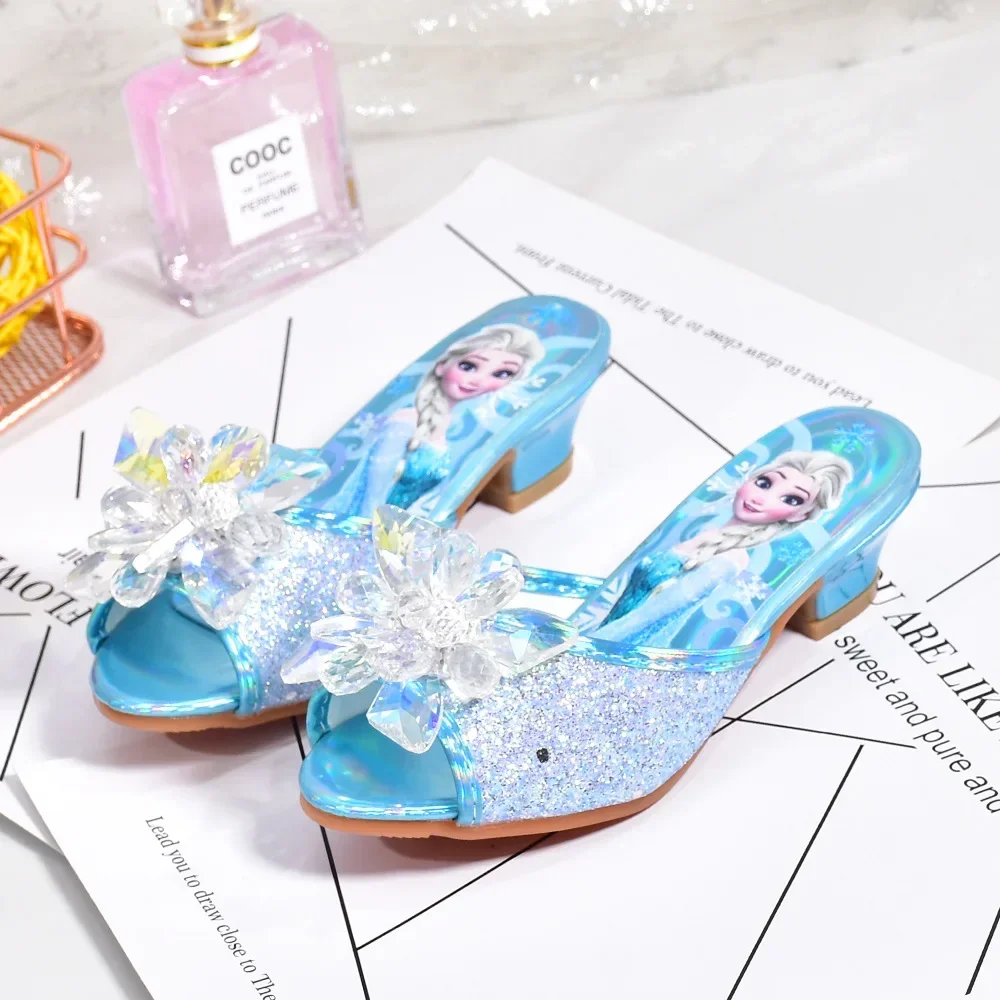 Disney Frozen Princess Elsa Shoes Slippers Girls' High Heels Mules Fashion Crystal Shoes Children's Summer Sandals Size 26-37